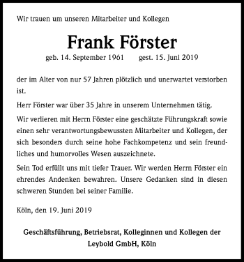 Anzeige von Frank Förster von Kölner Stadt-Anzeiger / Kölnische Rundschau / Express