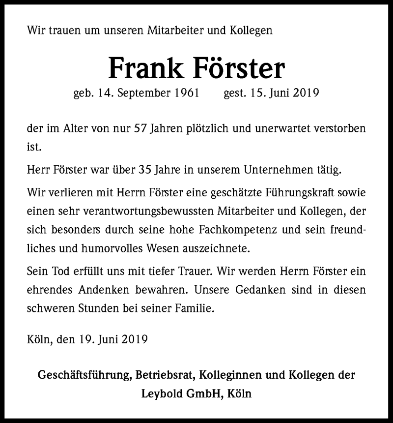  Traueranzeige für Frank Förster vom 29.06.2019 aus Kölner Stadt-Anzeiger / Kölnische Rundschau / Express