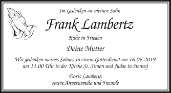 Anzeige von Frank Lambertz von  Extra Blatt 