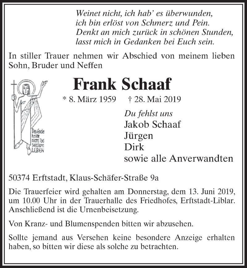  Traueranzeige für Frank Schaaf vom 08.06.2019 aus  Sonntags-Post 