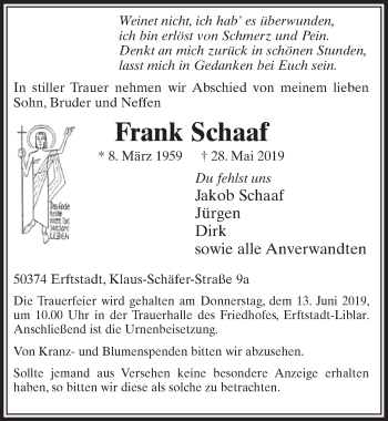 Anzeige von Frank Schaaf von  Sonntags-Post 
