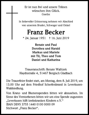 Anzeige von Franz Becker von Kölner Stadt-Anzeiger / Kölnische Rundschau / Express