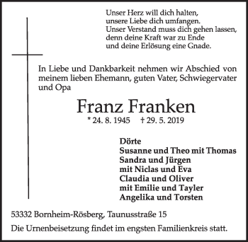 Anzeige von Franz Franken von  Schlossbote/Werbekurier 