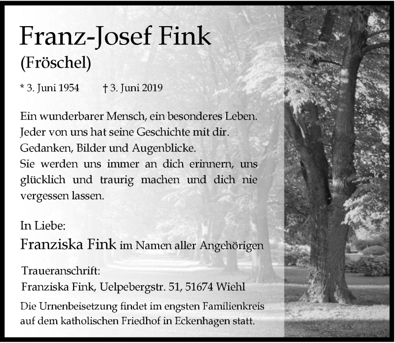  Traueranzeige für Franz-Josef Fink vom 12.06.2019 aus  Anzeigen Echo 