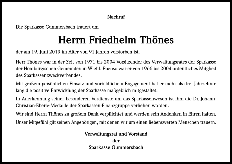  Traueranzeige für Friedhelm Thönes vom 25.06.2019 aus Kölner Stadt-Anzeiger / Kölnische Rundschau / Express