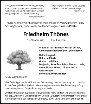Anzeige von Friedhelm Thönes von Kölner Stadt-Anzeiger / Kölnische Rundschau / Express