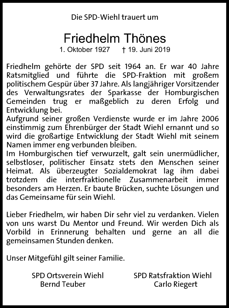  Traueranzeige für Friedhelm Thönes vom 26.06.2019 aus Kölner Stadt-Anzeiger / Kölnische Rundschau / Express