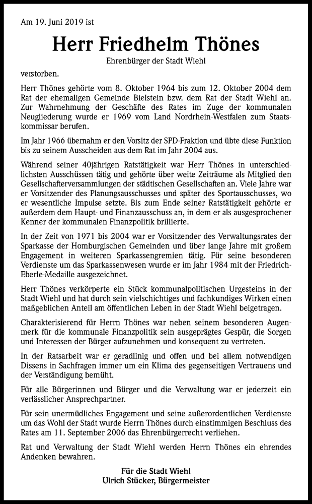 Traueranzeige für Friedhelm Thönes vom 26.06.2019 aus Kölner Stadt-Anzeiger / Kölnische Rundschau / Express