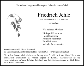 Anzeige von Friedrich Jehle von Kölner Stadt-Anzeiger / Kölnische Rundschau / Express