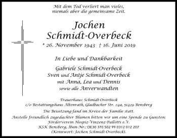 Anzeige von Gabriele Schmidt-Overbeck von Kölner Stadt-Anzeiger / Kölnische Rundschau / Express