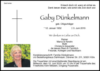 Anzeige von Gaby Dünkelmann von  Kölner Wochenspiegel 