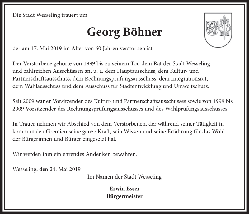  Traueranzeige für Georg Böhner vom 05.06.2019 aus  Schlossbote/Werbekurier 