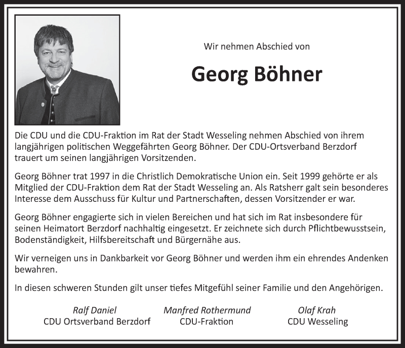  Traueranzeige für Georg Böhner vom 05.06.2019 aus  Schlossbote/Werbekurier 