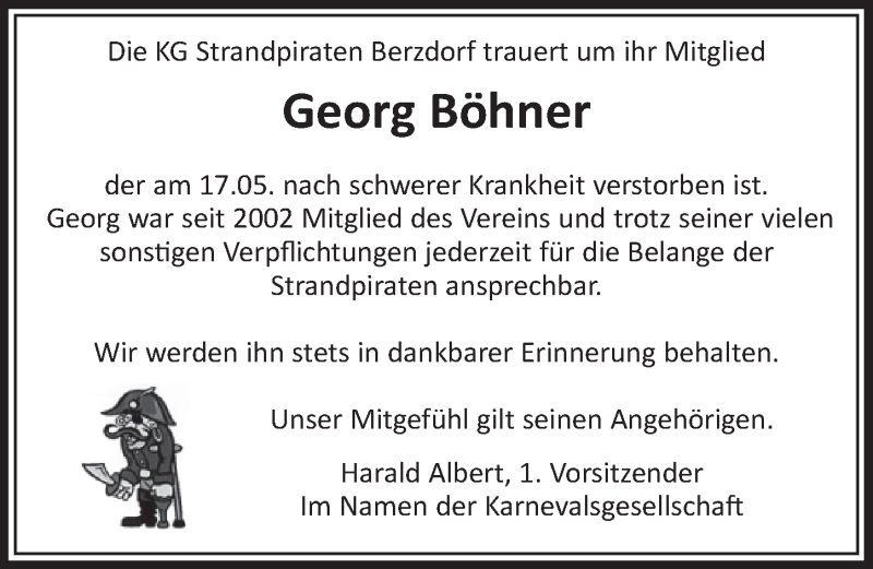  Traueranzeige für Georg Böhner vom 05.06.2019 aus  Schlossbote/Werbekurier 