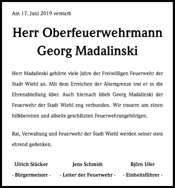 Anzeige von Georg Madalinski von Kölner Stadt-Anzeiger / Kölnische Rundschau / Express