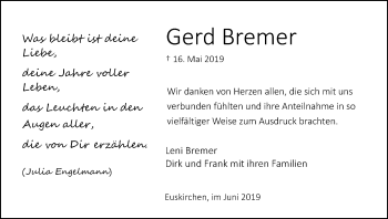 Anzeige von Gerd Bremer von Kölner Stadt-Anzeiger / Kölnische Rundschau / Express