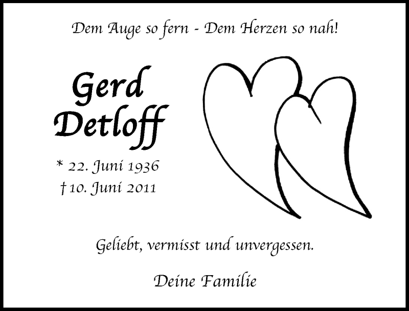  Traueranzeige für Gerd Detloff vom 12.06.2019 aus  Lokalanzeiger 