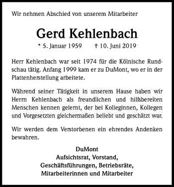 Anzeige von Gerd Kehlenbach von Kölner Stadt-Anzeiger / Kölnische Rundschau / Express