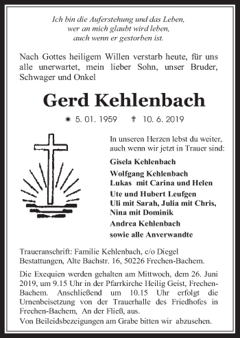 Anzeige von Gerd Kehlenbach von  Wochenende 