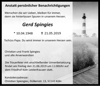Anzeige von Gerd Spingies von  Kölner Wochenspiegel 