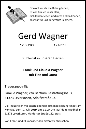 Anzeige von Gerd Wagner von Kölner Stadt-Anzeiger / Kölnische Rundschau / Express