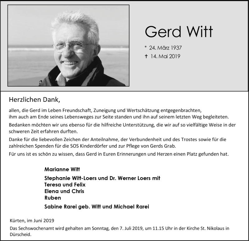  Traueranzeige für Gerd Witt vom 26.06.2019 aus  Bergisches Handelsblatt 