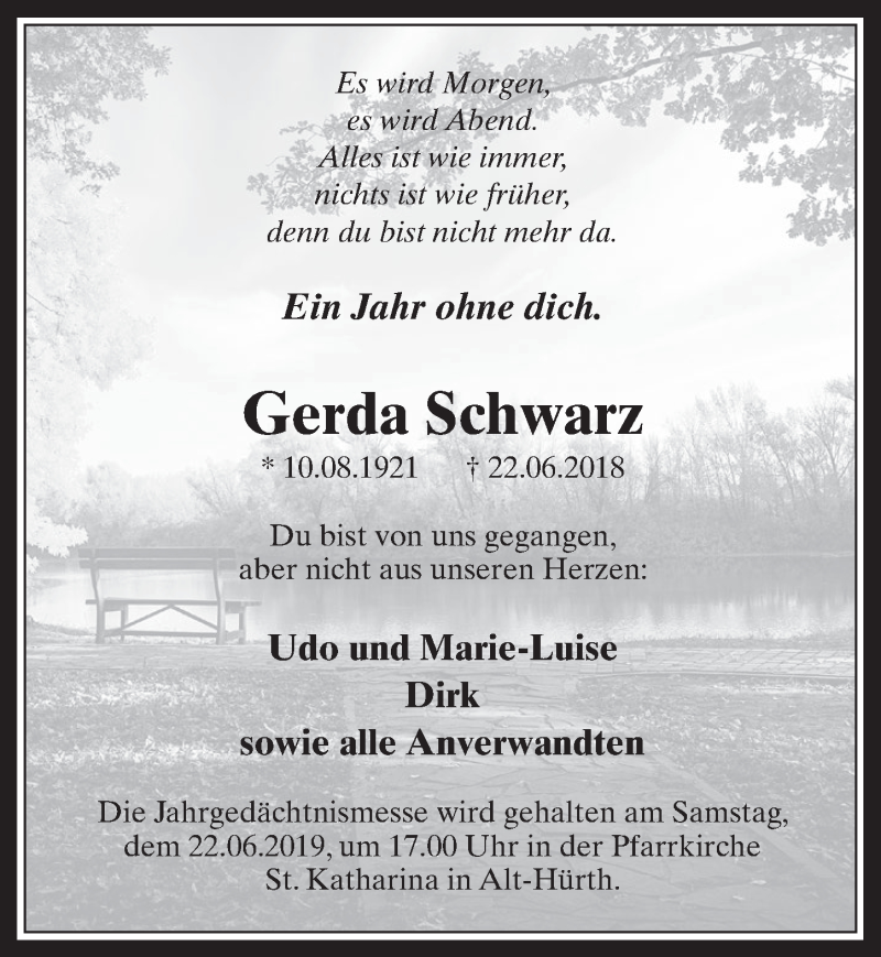  Traueranzeige für Gerda Schwarz vom 19.06.2019 aus  Wochenende 