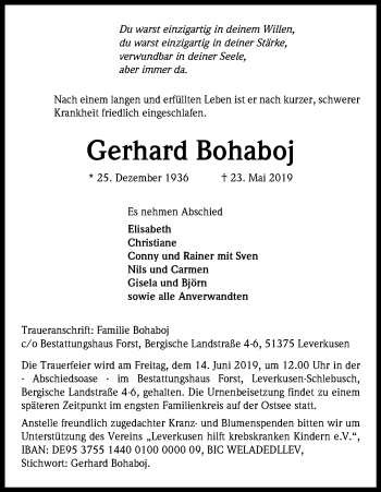Anzeige von Gerhard Bohaboj von Kölner Stadt-Anzeiger / Kölnische Rundschau / Express