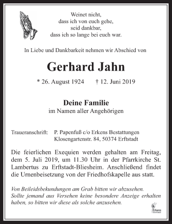 Anzeige von Gerhard Jahn von  Werbepost 