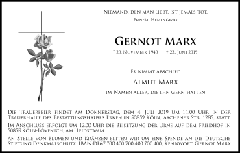 Anzeige von Gernot Marx von Kölner Stadt-Anzeiger / Kölnische Rundschau / Express
