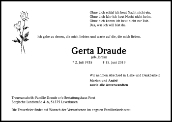 Anzeige von Gerta Draude von Kölner Stadt-Anzeiger / Kölnische Rundschau / Express
