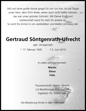 Anzeige von Gertraud Söntgenrath-Ufrecht von Kölner Stadt-Anzeiger / Kölnische Rundschau / Express