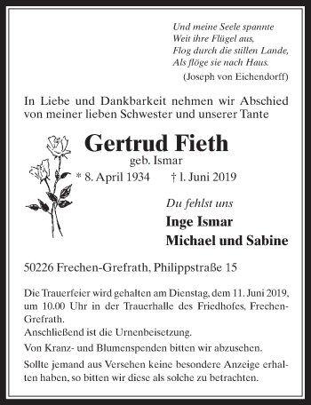 Anzeige von Gertrud Fieth von  Wochenende 
