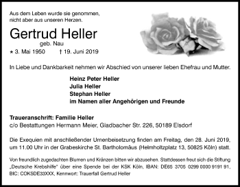 Anzeige von Gertrud Heller von Kölner Stadt-Anzeiger / Kölnische Rundschau / Express