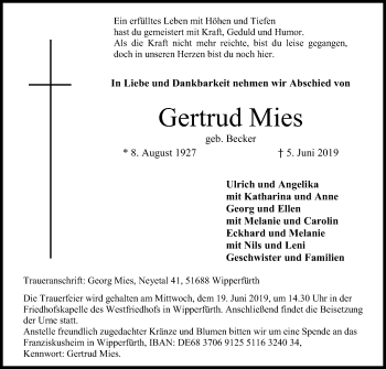 Anzeige von Gertrud Mies von Kölner Stadt-Anzeiger / Kölnische Rundschau / Express