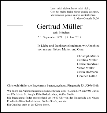 Anzeige von Gertrud Müller von Kölner Stadt-Anzeiger / Kölnische Rundschau / Express
