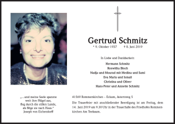 Anzeige von Gertrud Schmitz von Kölner Stadt-Anzeiger / Kölnische Rundschau / Express