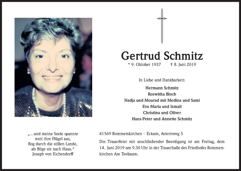  Traueranzeige für Gertrud Schmitz vom 12.06.2019 aus Kölner Stadt-Anzeiger / Kölnische Rundschau / Express