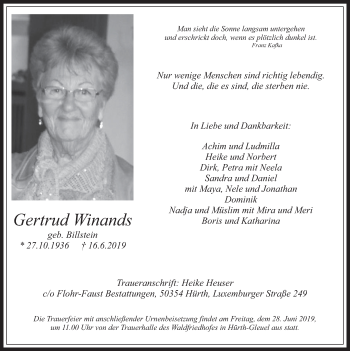 Anzeige von Gertrud Winands von  Wochenende 