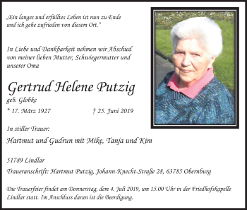 Anzeige von Gertrud Helene Putzig von Kölner Stadt-Anzeiger / Kölnische Rundschau / Express