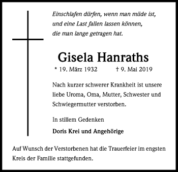 Anzeige von Gisela Hanraths von Kölner Stadt-Anzeiger / Kölnische Rundschau / Express