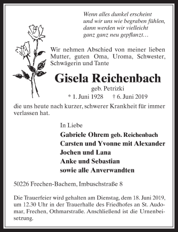 Anzeige von Gisela Reichenbach von  Wochenende 