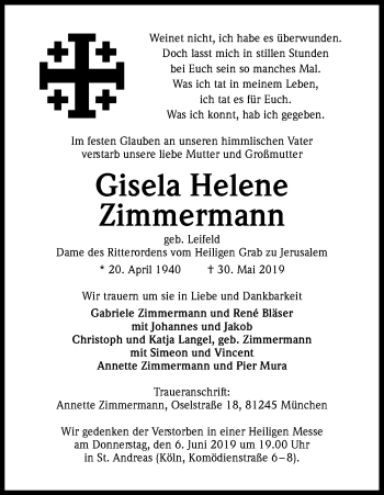 Anzeige von Gisela Helene Zimmermann von Kölner Stadt-Anzeiger / Kölnische Rundschau / Express