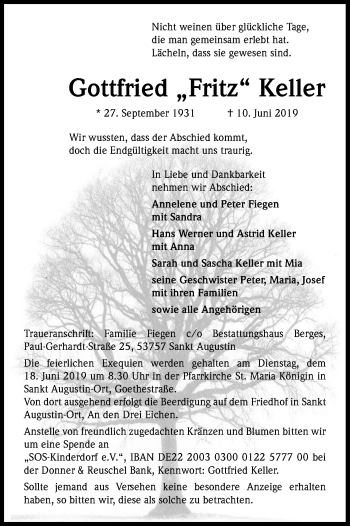 Anzeige von Gottfried  Keller von Kölner Stadt-Anzeiger / Kölnische Rundschau / Express