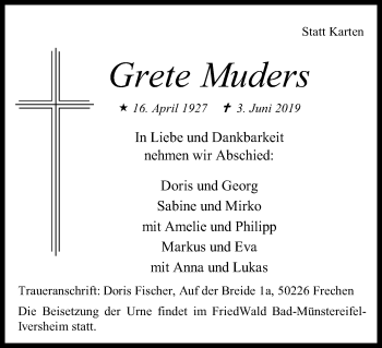 Anzeige von Grete Muders von Kölner Stadt-Anzeiger / Kölnische Rundschau / Express