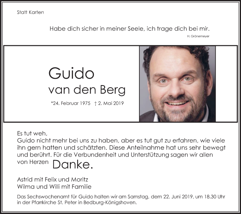  Traueranzeige für Guido van den Berg  vom 15.06.2019 aus Kölner Stadt-Anzeiger / Kölnische Rundschau / Express
