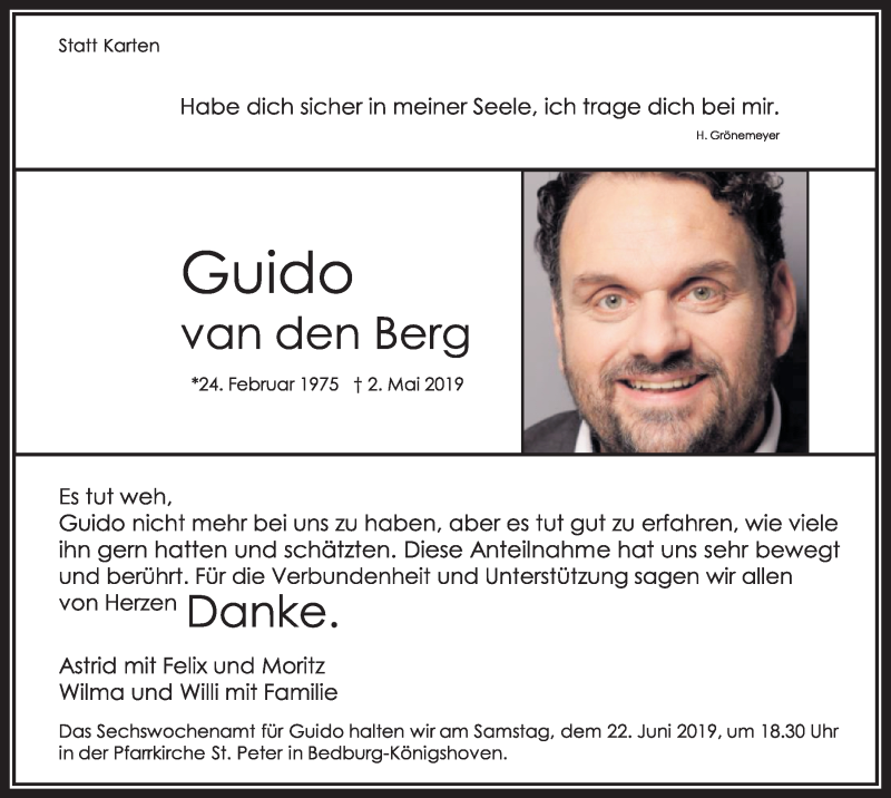  Traueranzeige für Guido van den Berg  vom 15.06.2019 aus  Sonntags-Post 