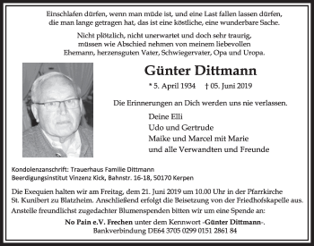 Anzeige von Günter Dittmann von  Sonntags-Post 