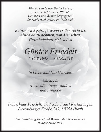 Anzeige von Günter Friedelt von  Wochenende 