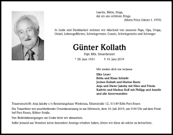 Anzeige von Günter Kollath von Kölner Stadt-Anzeiger / Kölnische Rundschau / Express